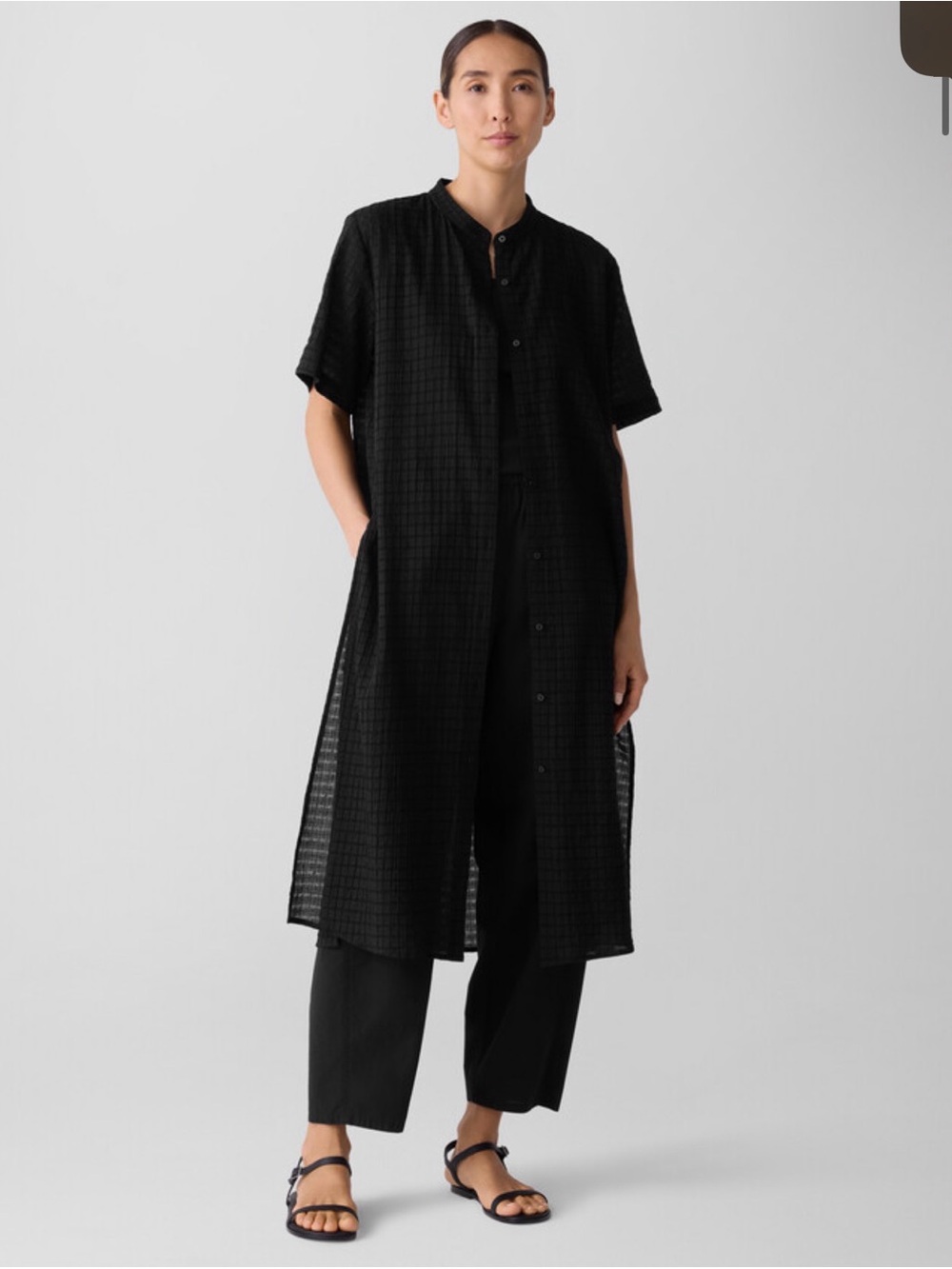 Eileen Fisher Cotton Voile Box Band Collar Shirt Black Button-Front Long Tunic